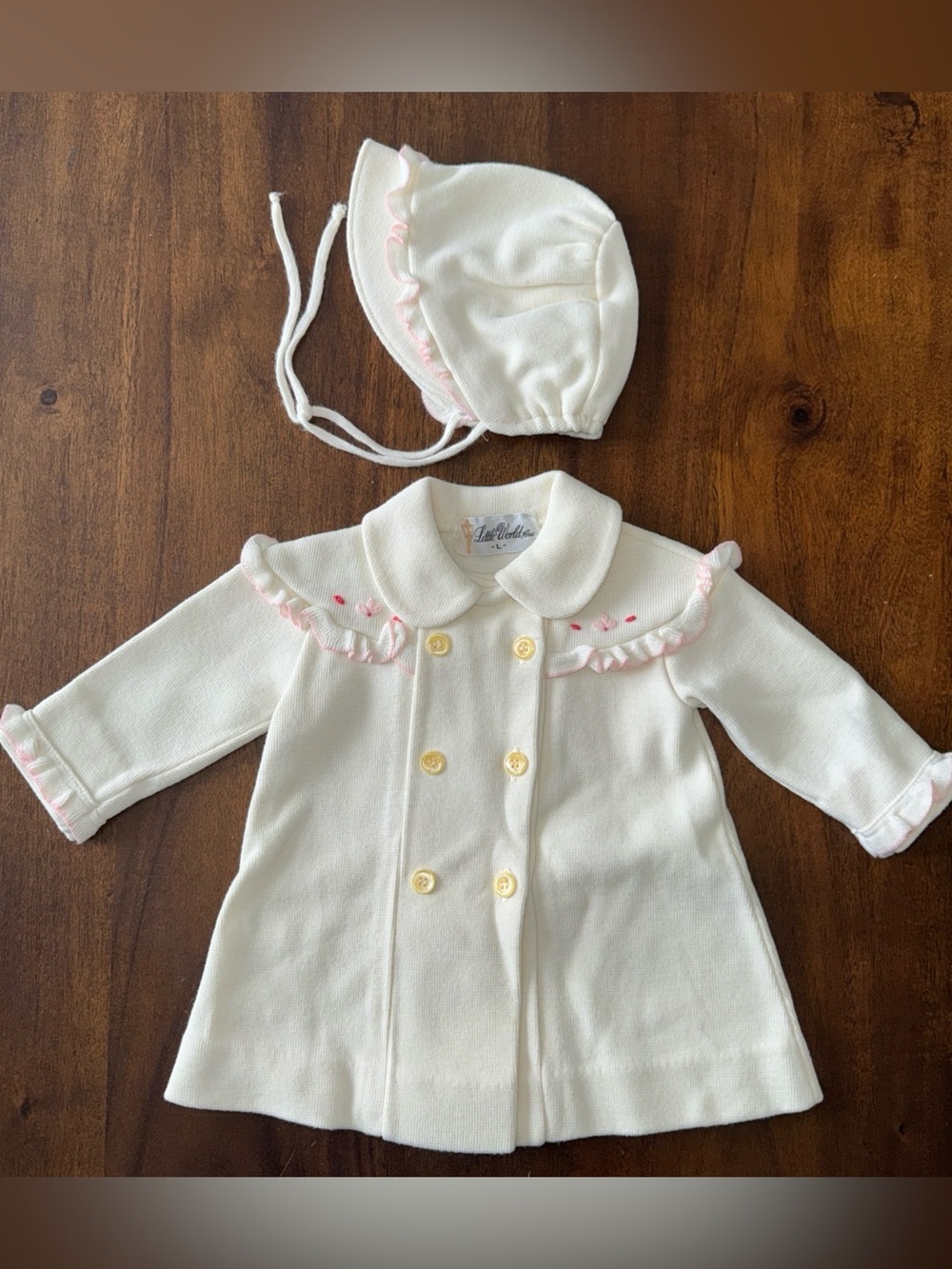 Little World Vintage Ivory Pink Ruffle Embroidered Sweater Coat w Matching Hat L